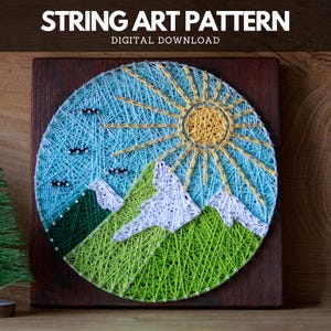 Round mountains string art pattern printable - Mountains view DIY string art pattern with instructions, template for DIY string art projects