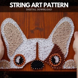 May include: String art design of a dog's face, created with white, beige, brown, and black thread on a wooden board. The text "STRING ART PATTERN DIGITAL DOWNLOAD" is at the top. The dog's ears, eyes, and nose are clearly defined.