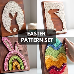 Op de afbeelding: Paas patroon set met string art ontwerpen op houten planken. De ontwerpen omvatten een ei met een konijn silhouet, een konijn en een regenboogkleurig ei. De tekst "EASTER PATTERN SET" wordt weergegeven.
