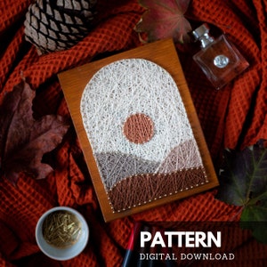 Neutral mountains string art pattern printable - Mid-century Modern view DIY string art pattern with instructions for DIY string art project