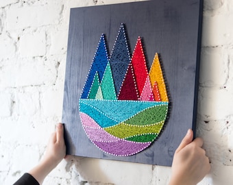 Colorful Mountain String Art – Mid-Century Geometric Wood Wall Art