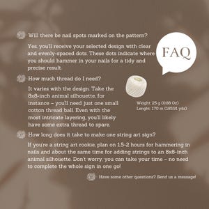 K&ouml;nnte beinhalten: Eine informative Grafik mit einer Sprechblase "FAQ". Sie beantwortet Fragen zum String Art, einschlie&szlig;lich Nagelmarkierungen, Fadenbedarf und Projektzeit. Ein Baumwollfadenball ist ebenfalls abgebildet.