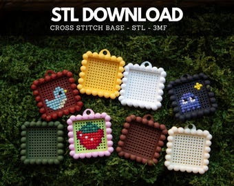 May include: A collection of square cross stitch bases with scalloped edges, featuring STL DOWNLOAD and CROSS STITCH BASE - STL - 3MF text. Some frames are empty, while others contain stitched designs of a blue bird, a strawberry, and a ghost.