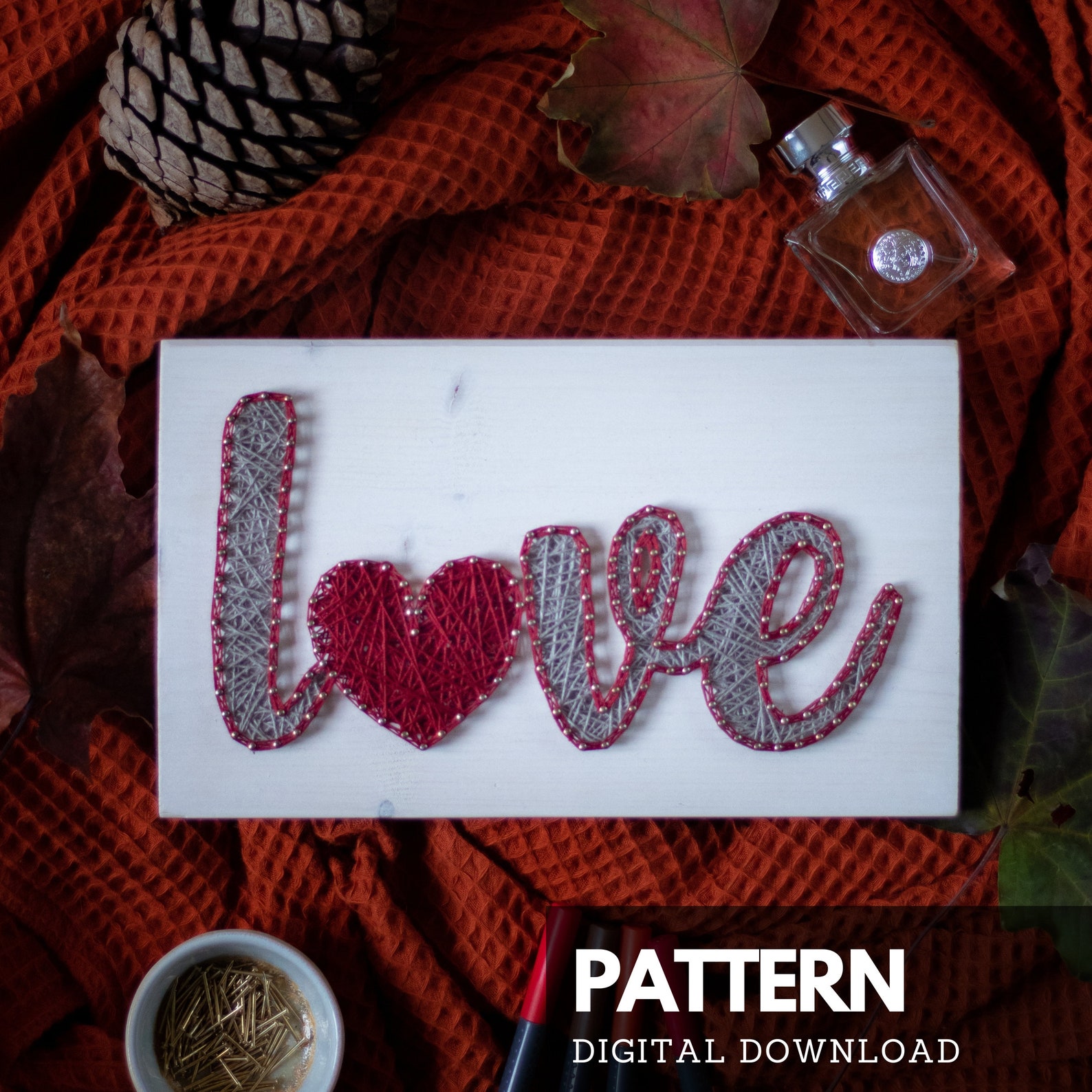 String Art Pattern - Love Text and Heart Template - Etsy