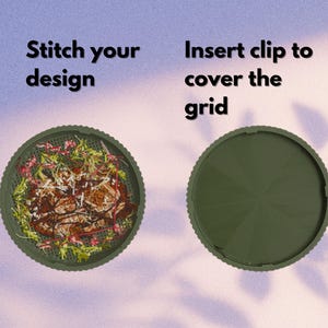 Round cross stitch box STL file assembly — stitch your design into the perforated lid then insert the clip-in cover to hide thread ends for a clean finished look