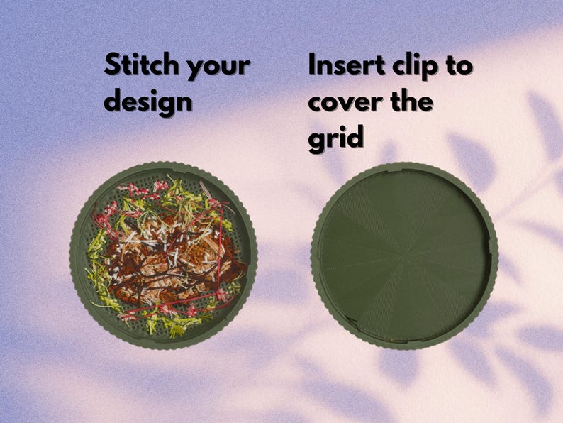 Round cross stitch box STL file assembly — stitch your design into the perforated lid then insert the clip-in cover to hide thread ends for a clean finished look