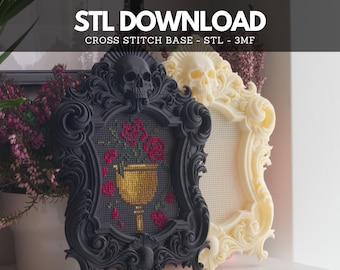 Cross Stitch Frame STL: Gothic Skull Stitchable Embroidery Blank, 3D Print File