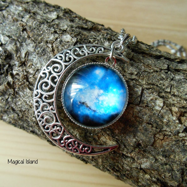 Galaxy Moon Silver Necklace Pendant, Grunge Crescent Moon Necklace Lunar Celestial Cosmos Star Nebula Galaxy Planet Space