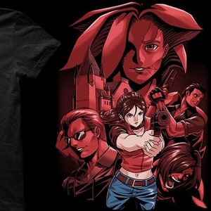 Peut inclure: Un t-shirt noir avec un imprimé graphique rouge de personnages du jeu vidéo Resident Evil. Les personnages sont dans un décor sombre et ombragé avec un bâtiment en arrière-plan.