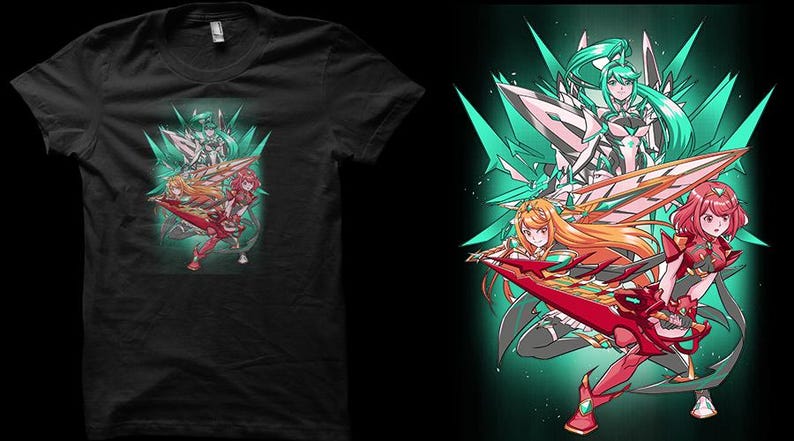 May include: A black t-shirt with a colorful graphic print of three anime characters wielding swords. The characters are surrounded by a green and blue background.