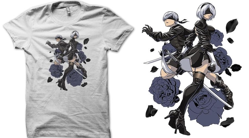 May include: White t-shirt featuring a graphic of two anime characters in black outfits with swords, surrounded by blue roses. The design is a detailed illustration, perfect for fans of anime and video games.