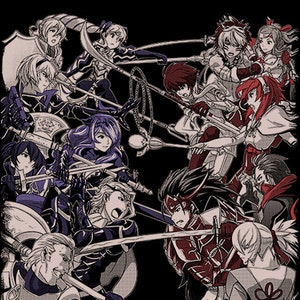 May include: A group of anime characters in a battle scene. The characters are drawn in a manga style and are wearing various outfits. The characters are fighting with swords, axes, and other weapons. The background is black.
