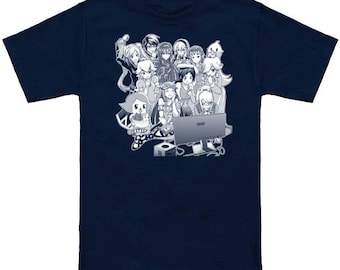 May include: A navy blue t-shirt with a graphic of a group of cartoon characters playing video games. The characters are all female and are wearing various outfits. The graphic includes a computer monitor, a controller, and other gaming accessories.