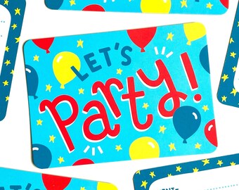 6 Party Invitations, Pack Of 6 Printed Invites, Lets Party, Blue Party Invitations, Birthday Party Invites, Kids Birthday Party Invites