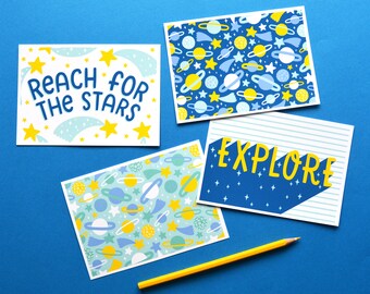 Space Notecards 4 Pack, Space Prints, Outer Space, Kids Space Room, Cute Wall Art, Mini Prints, Planets Cute Kids Prints, Kids Quote Prints
