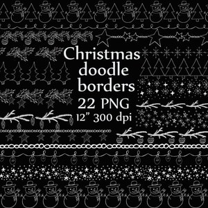 Puede incluir: Un conjunto de 22 bordes de doodle navideños blancos, perfectos para agregar un toque festivo a tus diseños. Los bordes presentan una variedad de elementos navideños, incluyendo muñecos de nieve, copos de nieve, estrellas, pinos y acebo.