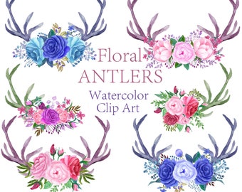 Watercolor antlers clipart Floral clipart Watercolor flowers clipart Bouquets clipart Wedding clipart Invitation clipart Floral Antlers