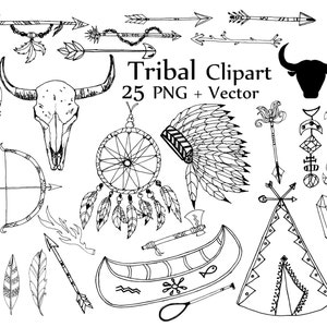 May include: A set of 25 black and white tribal clipart images, including a bull skull, dreamcatcher, headdress, arrow, bow, canoe, teepee, and other tribal symbols.  Tribal Clipart 25 PNG + Vector.