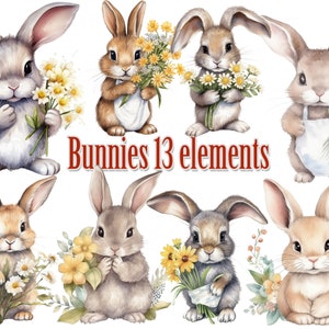 Bunny with flowers clipart,Cute Bunny clipart,Cute rabbit holding flowers,Spring clipart,Watercolor bunny,Baby Shower clipart,Nursery decor