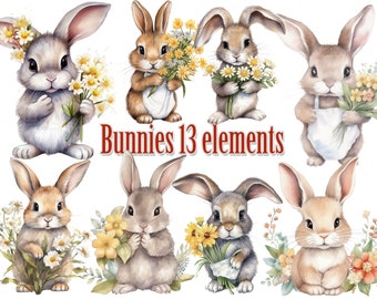 Bunny with flowers clipart,Cute Bunny clipart,Cute rabbit holding flowers,Spring clipart,Watercolor bunny,Baby Shower clipart,Nursery decor
