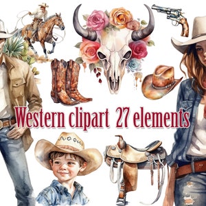Cowboy Clipart, Western clipart, Cowgirl clipart, Western familie Png, Floral Bull Skull png, Wild West Png, Southwest clipart, Aquarel cactus