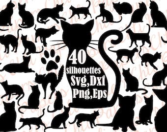 Silhouettes de chat, chats Cat Svg, Svg de Silhouettes, couper fichier, Black Cat Svg, Svg de Kitty, chats clipart, collection de chats, Svg coupe fichiers, Dxf de chat, chat vecteur