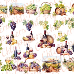 May include: Watercolour illustrations of wine-related imagery, including grapes, wine bottles, barrels, and vineyard landscapes. The illustrations are in a vintage style and feature a variety of colours, including green, purple, red, and brown.