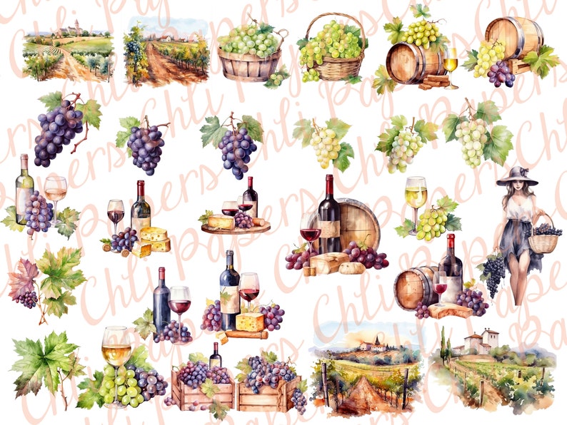 May include: Watercolour illustrations of wine-related imagery, including grapes, wine bottles, barrels, and vineyard landscapes. The illustrations are in a vintage style and feature a variety of colours, including green, purple, red, and brown.