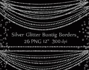 Silver Glitter borders: "BUNTING CLIPART" Photo Overlay Glitter strings Silver Clip Art Banner Clip Art gold bunting glitter banners clipart