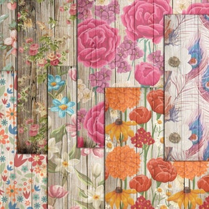 K&ouml;nnte beinhalten: Eine Sammlung floraler Muster auf Holzgrund. Die Designs zeigen verschiedene Blumen in Rosa-, Orange-, Blau- und Wei&szlig;t&ouml;nen. Das Holz hat ein verwittertes Aussehen, was den floralen Arrangements einen rustikalen Touch verleiht.