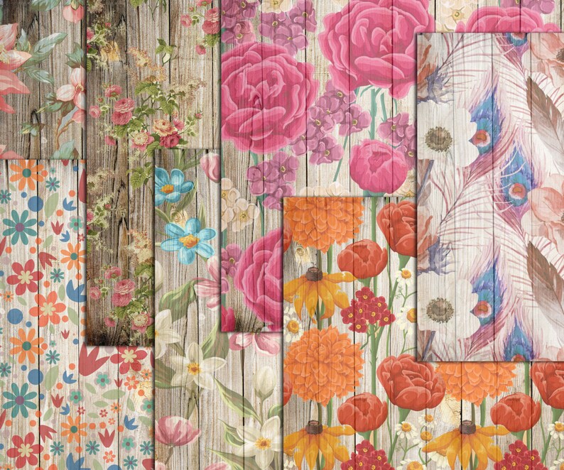 K&ouml;nnte beinhalten: Eine Sammlung floraler Muster auf Holzgrund. Die Designs zeigen verschiedene Blumen in Rosa-, Orange-, Blau- und Wei&szlig;t&ouml;nen. Das Holz hat ein verwittertes Aussehen, was den floralen Arrangements einen rustikalen Touch verleiht.