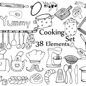 Doodle Kitchen Clipart: "COOKING CLIPART" Food Clipart Elementos de cozinha Clip art desenhado à mão Tábua de corte utensílios de cozinha Doodle clip art
