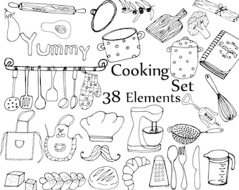 Doodle Kitchen Clipart: "COOKING CLIPART" Food Clipart Kitchen Elements Hand drawn clip art Cutting Board kitchen utensils Doodle clip art