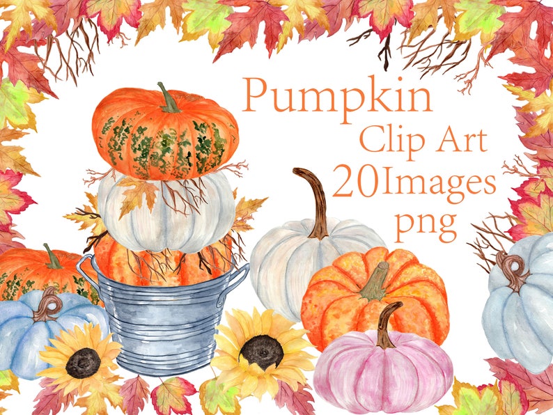 Watercolor Pumpkin Clipart,Thanksgiving Clipart,Autumn Clipart,Halloween clipart,Fall leaf clipart,Autumn colors,Watercolor sunflowers image 1