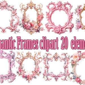 Pode incluir: Uma coleção de molduras românticas ornamentadas, em várias formas e cores. Algumas molduras são rosa, douradas ou uma combinação, frequentemente adornadas com arranjos florais. O texto "Romantic Frames clipart 20 elements" está presente.
