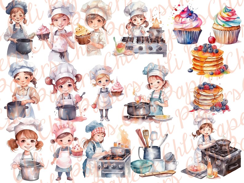 May include: Watercolor illustration of a set of cute chefs with different colored hats and aprons, baking cupcakes, pancakes, and cooking in a kitchen. The illustration includes a variety of kitchen tools and appliances, such as pots, pans, whisks, and a stovetop.
