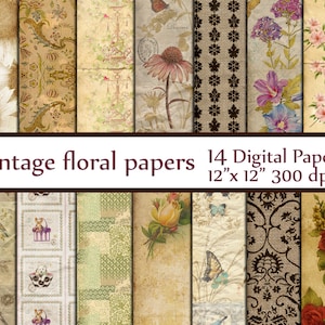 Floral Vintage Digital Papers: &quot;ANTIQUE PAPER&quot; Ephemera Papers botanical paper Decoupage papers Floral background Vintage Floral patterns