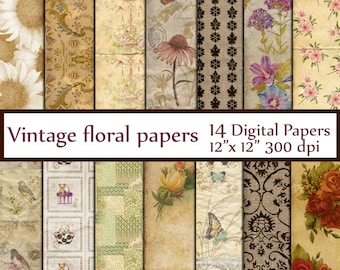 Floral Vintage Digital Papers: "ANTIQUE PAPER" Ephemera Papers botanical paper Decoupage papers Floral background Vintage Floral patterns