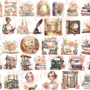 May include: A collection of watercolor illustrations featuring books, flowers, and vintage objects. The illustrations include a bookshelf, a book with a quill pen, a typewriter, a cup of tea, and a stack of books. The illustrations are perfect for adding a touch of whimsy and charm to any project.