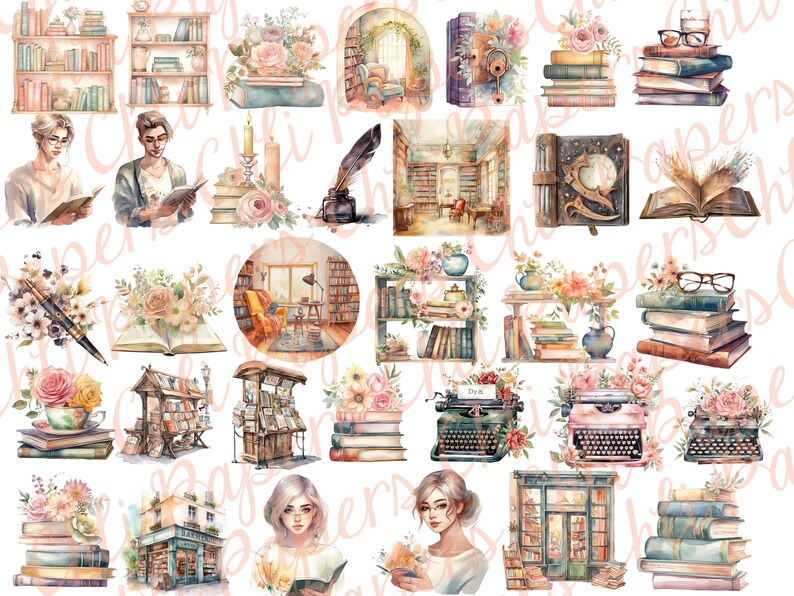 May include: A collection of watercolor illustrations featuring books, flowers, and vintage objects. The illustrations include a bookshelf, a book with a quill pen, a typewriter, a cup of tea, and a stack of books. The illustrations are perfect for adding a touch of whimsy and charm to any project.