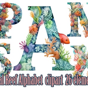 Alfabeto de vida marina. Arrecife de coral Letras Png, arrecife de coral del alfabeto, letras de monograma, imágenes prediseñadas submarinas, alfabeto acuarela, imágenes prediseñadas de vivero