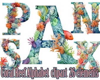 Sea Life Alphabet.Coral reef Letters Png,Alphabet coral reef,Monogram Letters,Underwater Clipart,Alphabet Watercolor,Nursery clipart