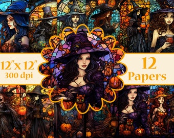 Witch stained glass digital papers,Stained Glass Digital Backgrounds,Halloween Paper, Fairytale papers,Crafting Papers,Decoupage paper