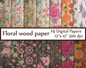 Wood Floral Paper: "FLORAL WOOD PAPER" Shabby digital  paper Distressed textures Floral Background cottage  Decoupage papers Vintage Floral