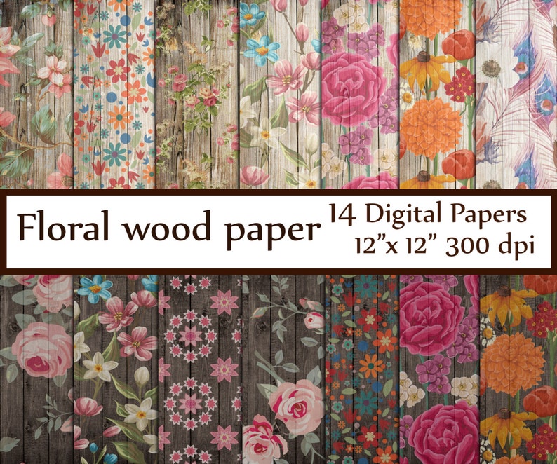 K&ouml;nnte beinhalten: Eine Sammlung von 14 digitalen Papieren mit floralen Designs auf Holzgrund. Die Papiere zeigen verschiedene Blumen in Rosa, Orange, Blau und Wei&szlig;. Jedes Papier ist 30.48 cm x 30.48 cm bei 300 dpi. Der Text lautet "Floral wood paper".