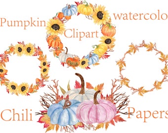 Watercolor Pumpkin Wreaths Clipart,Thanksgiving Clipart,Autumn Clipart,Halloween clipart,Autumn wreaths,Watercolor sunflowers,Autumn frames