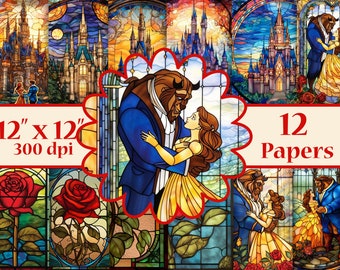 Beauty and the Beast papers,Stained glass digital papers,Stained Glass Digital Backgrounds, Fairytale papers,Beauty and the Beast printable