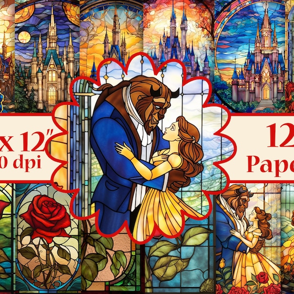 Beauty and the Beast papers,Stained glass digital papers,Stained Glass Digital Backgrounds, Fairytale papers,Beauty and the Beast printable