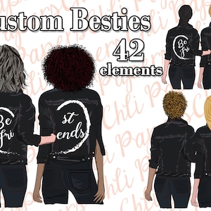 Clipart de melhores amigos, besties personalizados, clipart de penteados, clipart de meninas, clipart de jaquetas pretas, clipart de melhor amiga, tom de pele, irmãs de alma, fashion girls