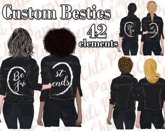 Best Friends Clipart,Custom Besties,Hairstyles clipart,Girls clipart,Black Jackets clipart,BFF clipart,Skin tone,Soul Sisters,Fashion Girls